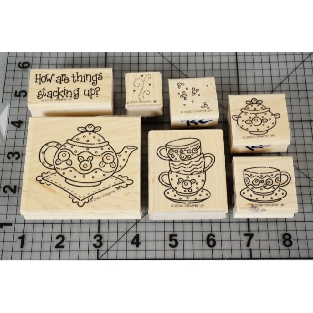 STAMPIN UP Teacups Retired 2000 Wood Block 4 Stamps w. Case Set Teapot Tea Cups
